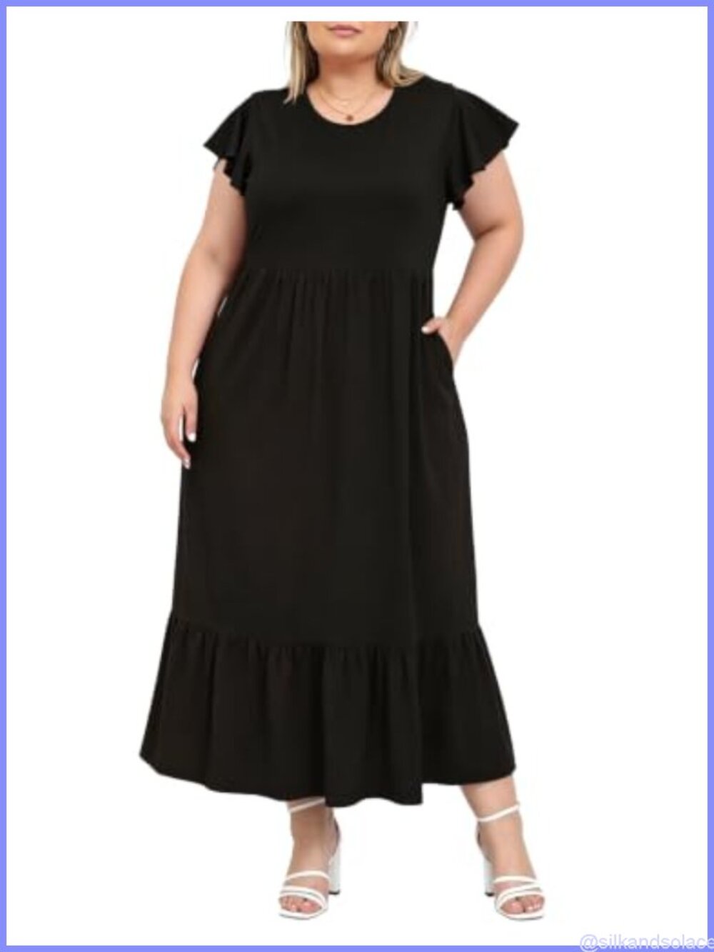 Plus Size Floral Maxi Dress with Pockets, Ruffle Short Sleeve, A-Line